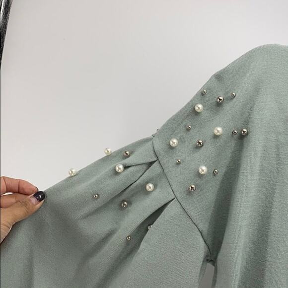 INC International Concepts Mint Pearl Detail balloon sleeve holiday Top sz S - Picture 5 of 8